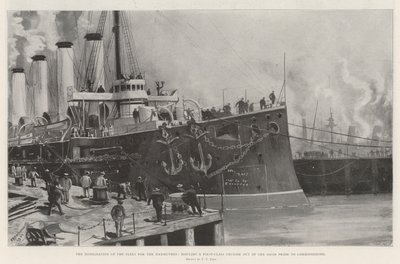 The Mobilisation of the Fleet for the Manoeuvres, hauling a First-Class Cruiser out of the Basin Prior to commissioning by Fred T. Jane